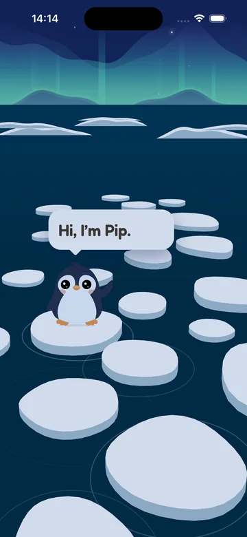 Pip winkt nachts auf einer Eisscholle und sagt „Hi, I’m Pip.“